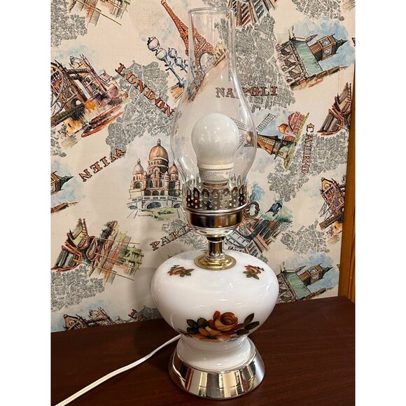 Vintage Handpainted Milk Glass Electric Oil Lamp Hurricane Lamp - Picture 1 of 5